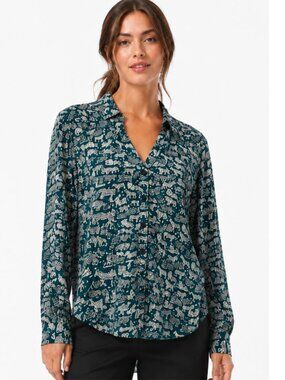 Anthropologie Maeve Amara Tiger Print Smocked Blouse Teal Green Size 8